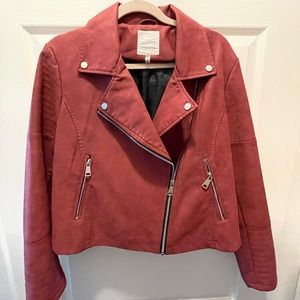 Burgundy cropped faux leather Moto jacket